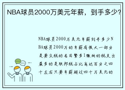 NBA球员2000万美元年薪，到手多少？